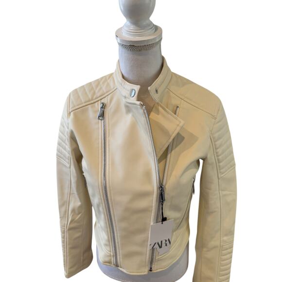 ZARA Moto Faux Leather Biker Jacket Off White S - Picture 5 of 9